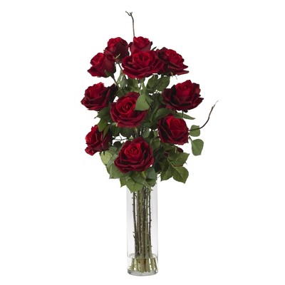 Nearly Natural 27-in Roses with Cylinder Vase Silk Flower Arrangement