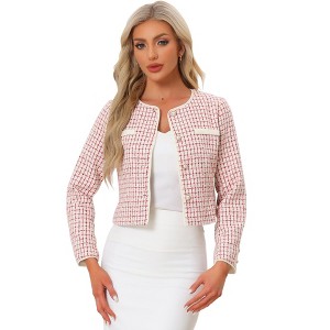 INSPIRE CHIC Women's Elegant Contrast Piping Round Neck Button Front Long Sleeve Tweed Blazer - 1 of 4