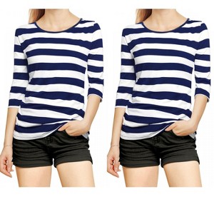 Allegra K Women's Elbow Sleeves Round Neck Slim Fit T-Shirt 2 Packs - 1 of 4