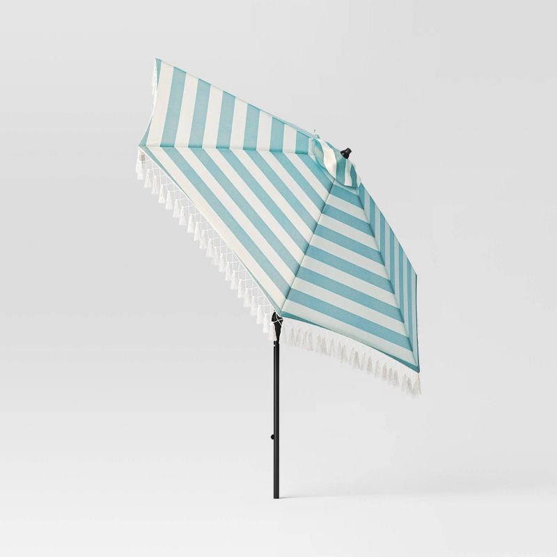 9&#39;x9&#39; Fringe Market Patio Umbrella Cabana Stripe Turquoise - Black Pole - Threshold&#8482;, 4 of 8