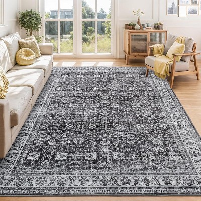 Washable Area Rug Soft Vintage Floral Design for Living Room, Bedroom Dining Room – Foldable Low-Pile Non-Slip Indoor Carpet
