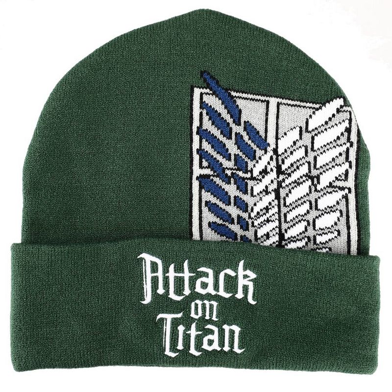 Attack On Titan Flat Logo Embroidery on Olive Acrylic Knit with Scout Crest Magic Jacquard Beanie, 1 of 3