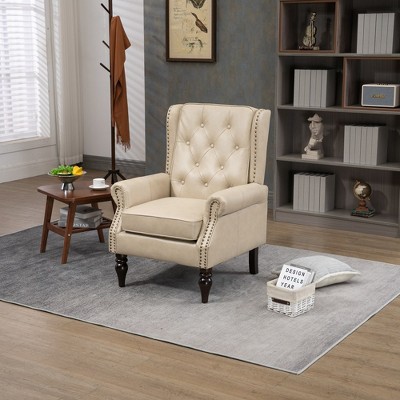 Faux Leather Accent Chair, Button Tufted Wingback Armchair with Wood Legs, Upholstered Bedroom Chair with Rivet Decoration, Leisure Reading Chair