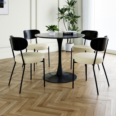 CAVINAS Modern Minimalist Dining Chair with Upholstery Seat,Teddy Velvet Chairs for Living Room,Black Round Table Set,Set of 3/5,Black