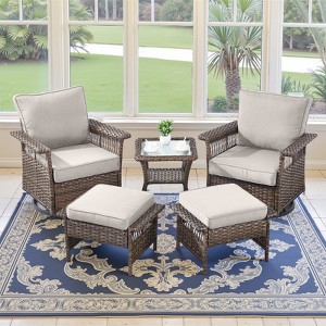 Belord 5 Pieces Patio Furniture Set, All Weather Brown Wicker Outdoor Conversation Set with Swivel Patio Chairs Set of 2, Small Balcony Furniture Set - 1 of 4