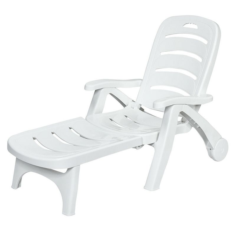 Costway Adjustable Folding Patio Chaise Deck Chair Lounger 5 Position Recliner w/ Wheels, 1 of 11
