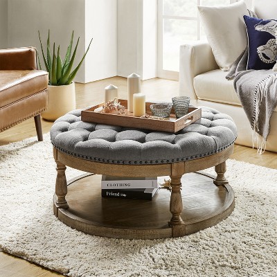 Illyria 36" Wide Transitional Tufted Round Cocktail Ottoman with Storage and Nailhead Trims for Bedroom and Living Room | ARTFUL LIVING DESIGN
