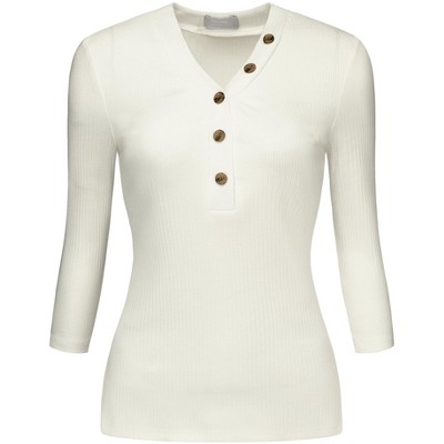 Hobemty Women's Basic V Neck Button 3/4 Sleeve Knitted Henley Shirts