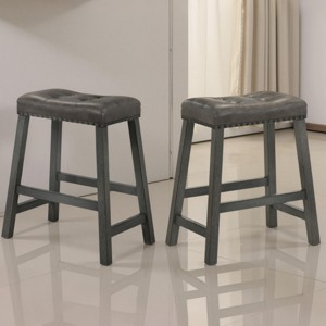 SEVOBAL Counter and Bar Stools Rustic Wooden Farmhouse Backless Barstools with Faux Leather Seat for Kitchen Island, Gray, 19.49"*14.76"*25" - 1 of 4