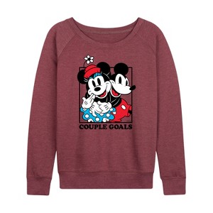 Women's - Disney - Mickey Minnie Couple Goals Lightweight French Terry Wide Neck Long Sleeve Shirt - 1 of 4