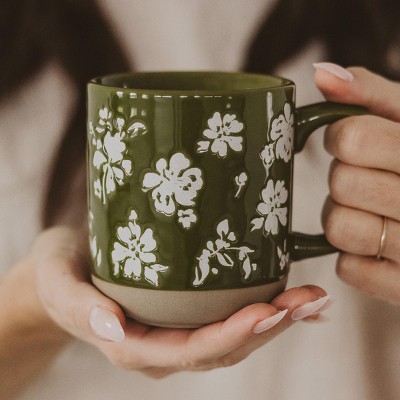 Green Floral Ceramic Coffee Mug with White Accents - 14oz