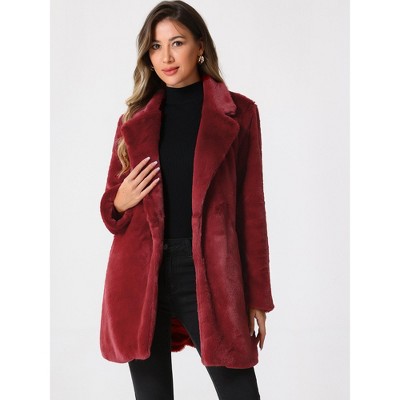 Allegra K Women's Lapel Collar Faux Fur Fuzzy Winter Long Overcoat with Pockets X-Small Red — фото 4