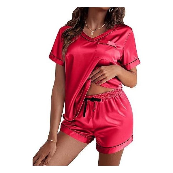 Pijama de seda para mujer, manga corta, satén, 2 piezas suave 8