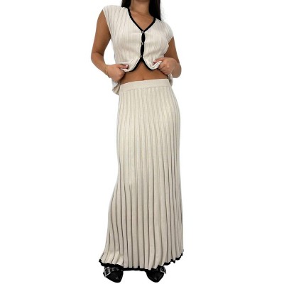 Women's Contrast Trim Ribbed Knit Midi Skirt - Illa Illa L