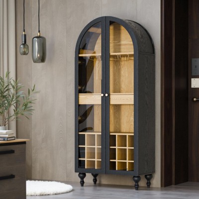 SEVOBAL Utility Storage Cabinets Arched Large Capacity Cabinet With Transparent Glass Door, 3-Layer Storage Space, Black, 15"*30.7"*70.9"