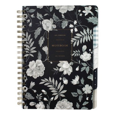 Fringe 180pg Ruled Notebook 10"x7.5" Spiral Tab Dark Floral: 5 Subject, Twin-Wire, Lined, Adult Stationery, FSC Certified