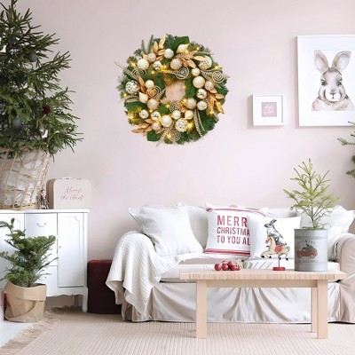 24 Inch Pre-Lit Christmas Wreath for Front Door, 20 LED Lights, Artificial Xmas Wreath with Gold Leaves, Balls and Ornaments for Fireplace, Outdoor