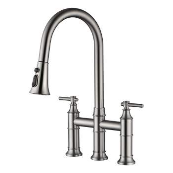 SUMERAIN 2-Handle Bridge Kitchen Sink Faucet with Pull Down Sprayer, 3 Hole, Brushed Nickel