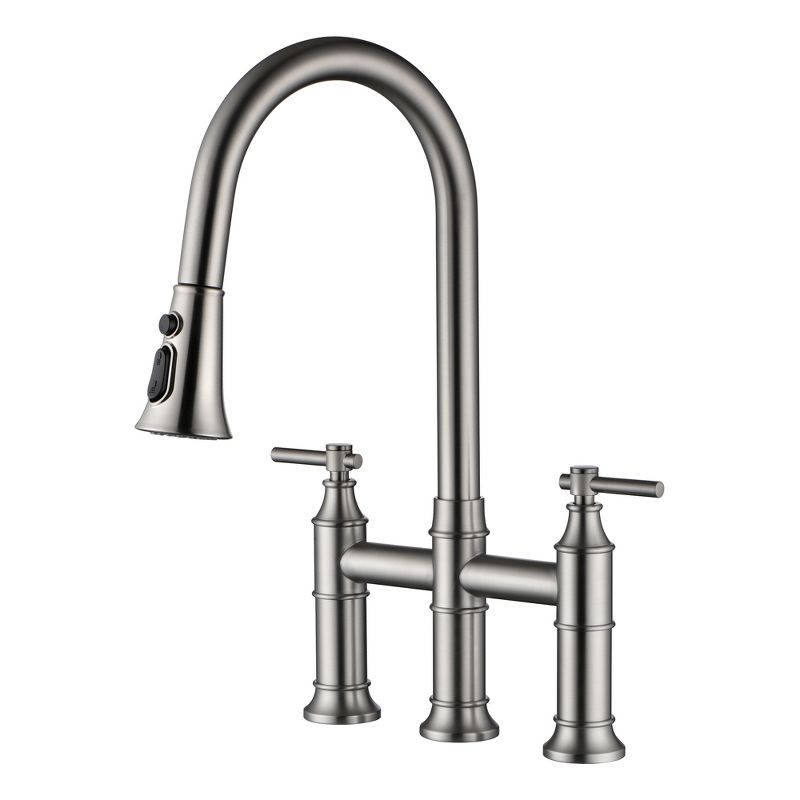 SUMERAIN 2-Handle Bridge Kitchen Sink Faucet with Pull Down Sprayer, 3 Hole, Brushed Nickel, 1 of 12