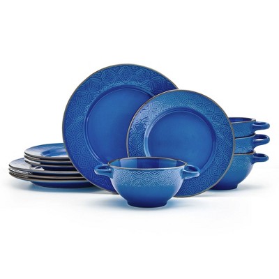 Pfaltzgraff Kori Blue 12-Piece Stoneware Dinnerware Set, Includes Plates & Bowls with Handles, Vibrant Blue Glossy Finish with Gold Rim
