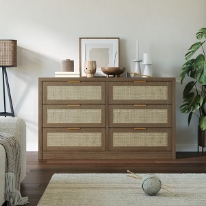 6-Drawer Dresser for Bedroom, 57.2" Wide Rattan Dresser Modern Wood Chest with Metal Handles, Storage Organizer or TV Stand for Living Room & Hallway - 1 of 4
