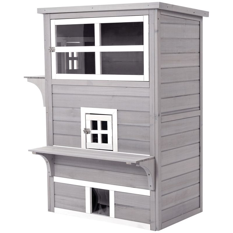 PawHut 3-Story Cat House Feral Cat Shelter, Outdoor Kitten Condo with Raised Floor, Asphalt Roof, Escape Doors, Jumping Platforms, 4 of 7