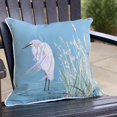 Oceana Blue Embroidered Egret Square Throw Pillow