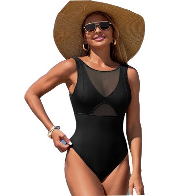 Racer Front Cutout Swimsuits Mesh Bathing Suits with Deep U Back Tummy Control Swimsuits Round Neck Cheeky Swimwear Summer Swimsuits for Women