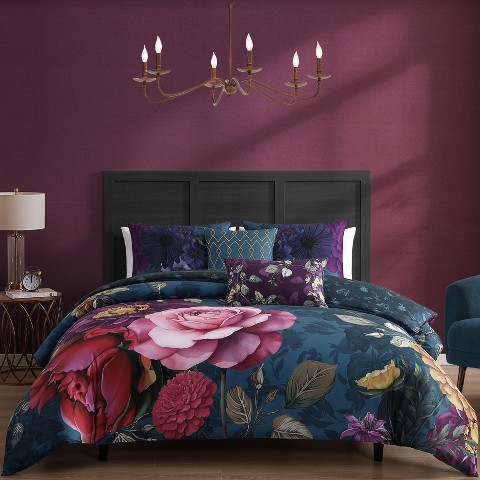 Bebejan Vibrant 100% Cotton Sateen 5 Piece Floral Reversible Comforter Set, All Season Bedding Set - Queen