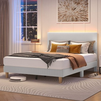Bestier Corduroy Upholstered Queen Bed Frame with Adjustable Headboard, Platform Bed Frame with LED Light, Solid Wood Slats, No Box Spring Needed