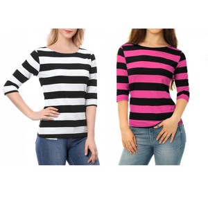 Allegra K Women's Casual Basic Elbow Sleeves Boat Neck Slim Fit T-Shirts 2 Packs - 1 of 4