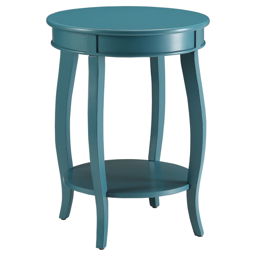Aberta End Table Teal - Acme Furniture: Antique Finish, Round Side Table with Shelf, Wood Legs