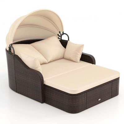 Tangkula Outdoor Daybed with Retractable Canopy - Wicker Rattan Sunbed Loveseat w/Soft Cushions Pillows Ottoman Sectional Seating Sofa