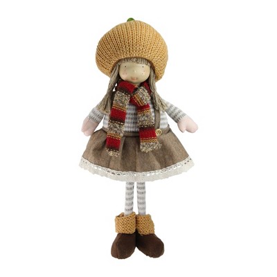  Northlight 15” Standing Autumn Girl Gnome with Scarf and Pumpkin Hat Thanksgiving Figure 