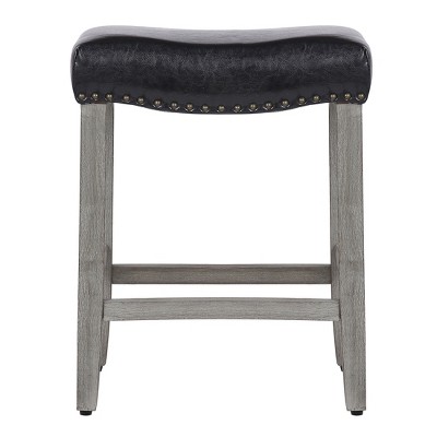 Modern 24" Black Leather Saddle-Style Wood Counter Stool