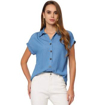 Allegra K Women's Summer Casual Short Sleeve V Neck Relaxed Button Up Shirts