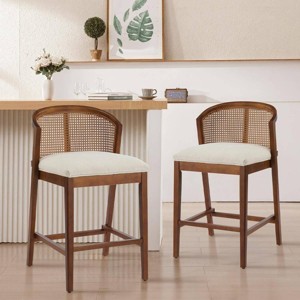 Armless Indoor Wooden Counter Stools Set of 2,Modern Fabric Upholstered Counter Height Bar Stool,Curved Rattan Back Boho Bar Chair-Coolbibila - 1 of 4