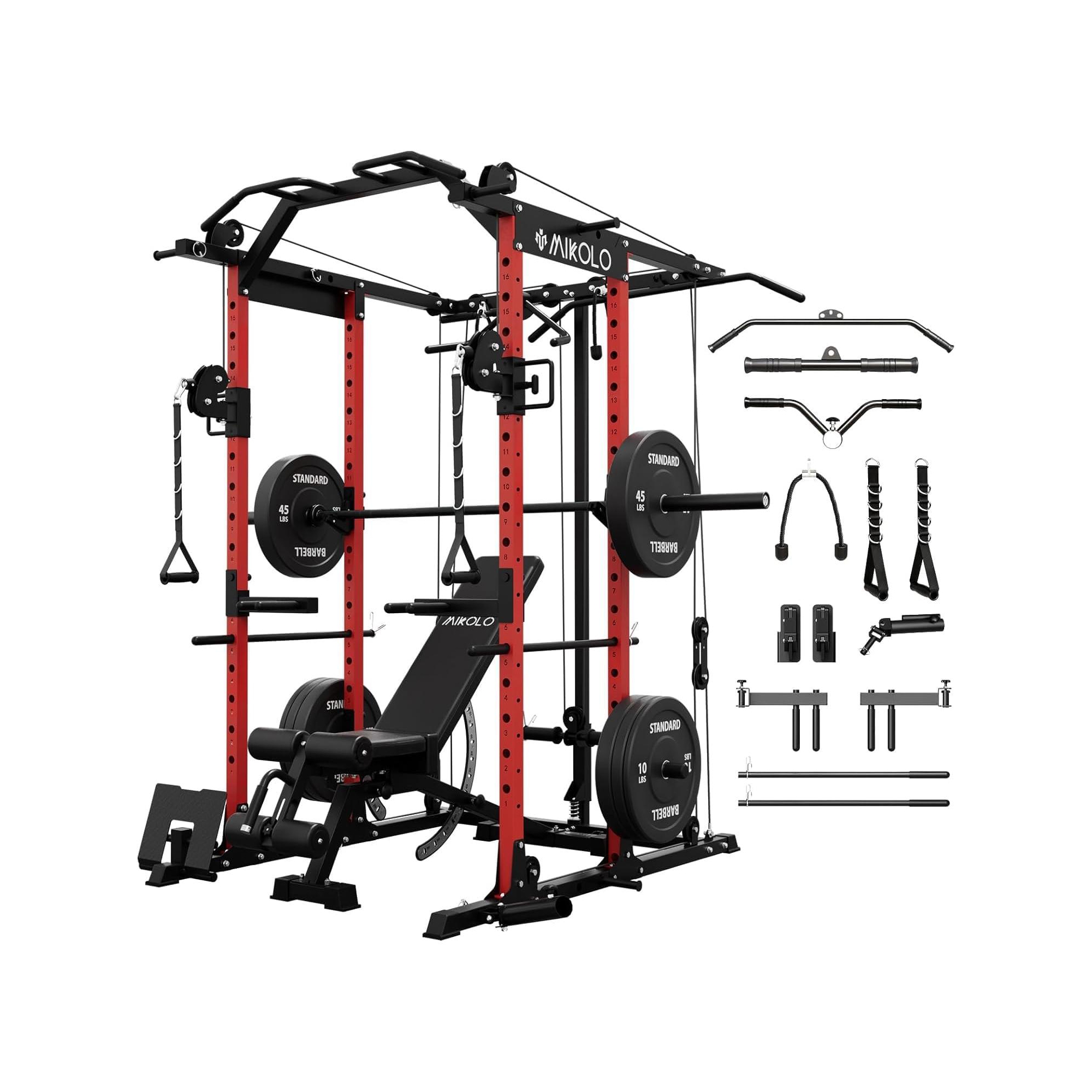 ER KANG Power Cage with Cable Crossover System, 1500LB Power Rack Home Gym(230LB Plates, 7FT Barbell, Weight Bench,Red)