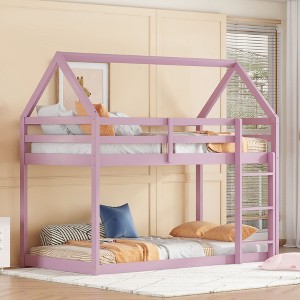 Kumasinova Twin Over Twin House-Shaped Floor Bunk Bed,Rubber Wood Bunk Bed Frame with Ladder,Guardrail for Kids,School,Dorm Rooms,Bedroom - 1 of 4