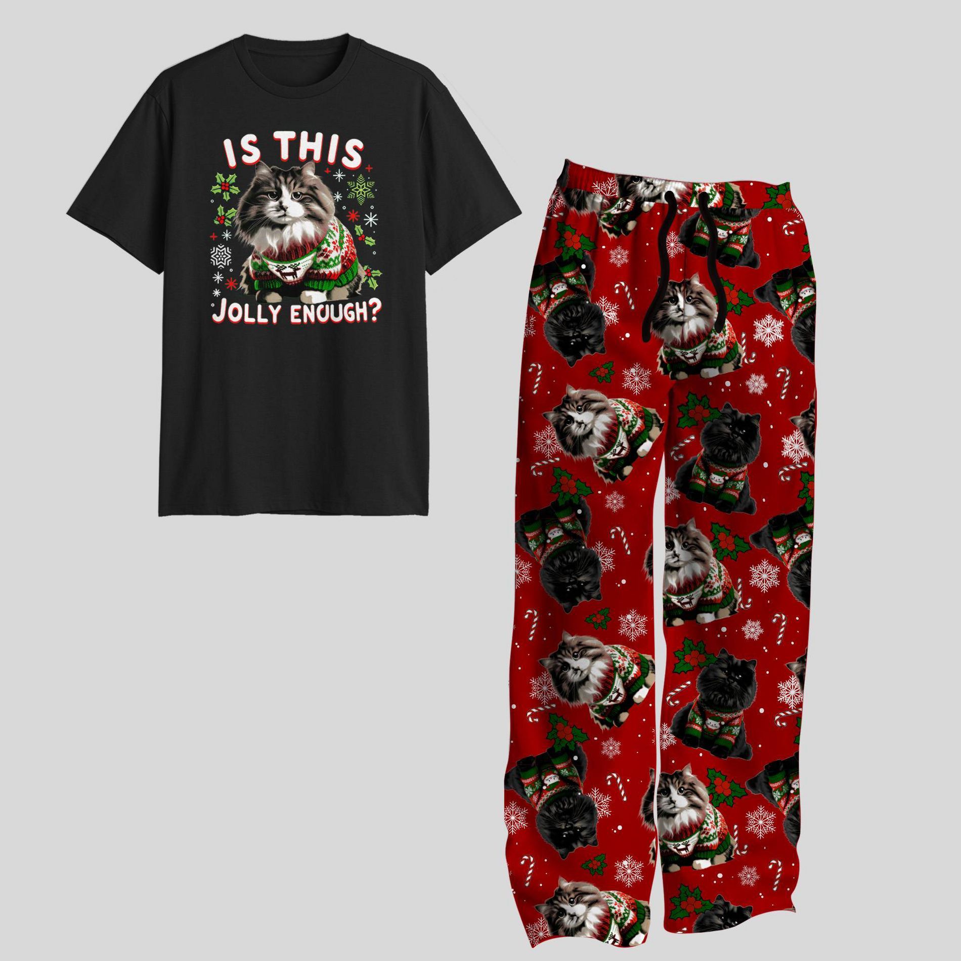 Men's 2pc Cats Pajama Set - Black/Red