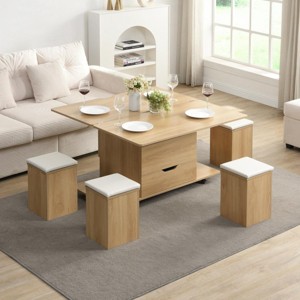 39'' MDF Wood Lift‑Top Coffee Table with Hidden Storage for Living Room,Multi-Functional Coffee Table with 4 Stools for Small Space-Coolbibila - 1 of 4