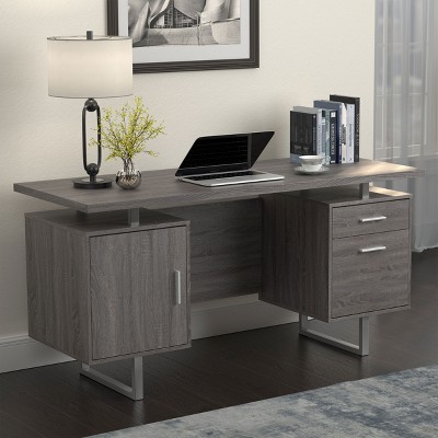 Vynxaria 1pc Contemporary 60-inch 2-drawer Computer Desk White High Gloss Home Office Silver Finish Metal Base Weathered Gray