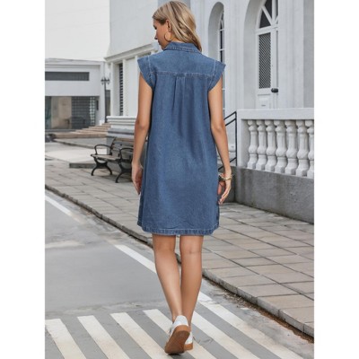 Женские платья INSPIRE CHIC Women's Denim V Neck Cap Sleeve Loose Casual Tunic Jean Mini Dresses Small Blue — фото 3