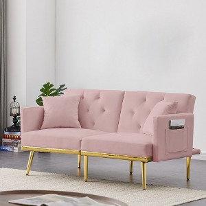 59" Velvet Futon Sofa Bed, Modern Convertible Loveseat Sofa With 2 Pillow, Sleeper Sofa with Adjustable Backrest for Guest Room Bedroom - 1 of 4