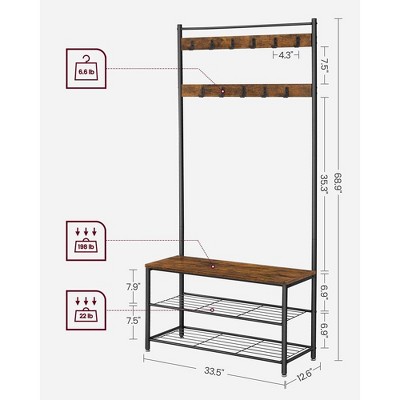 Rustic Brown and Black Hall Tree with Storage Bench