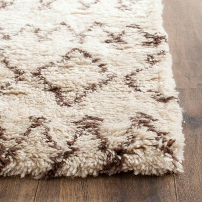 Ivory and Dark Brown Hand-Tufted Wool Shag Runner Rug