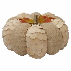 Northlight Autumn Harvest Burlap and Wood Pumpkin Decoration - 9" - Tan - 1 of 4