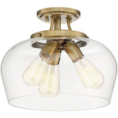 Elegant Warm Brass 3-Light Semi-Flush Mount with Curved Glass Shade