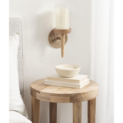 Natural Mango Wood and Glass Wall Sconce, 5x5x13