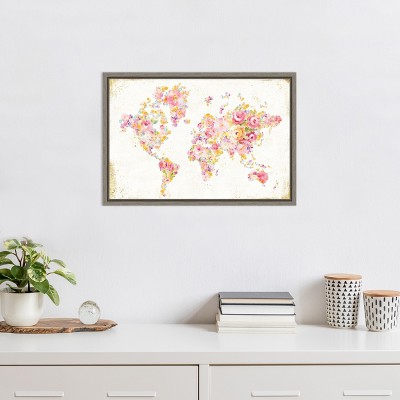 Floral World Map Canvas Print with Gray Polystyrene Frame